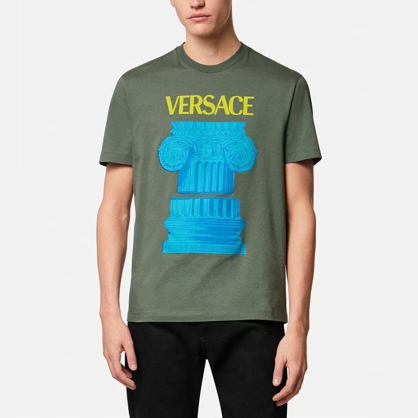 Lookbook VERSACE  Green Crewneck Short Sleeve T-Shirt with Letter Print 1010229-1A07449-1GH80