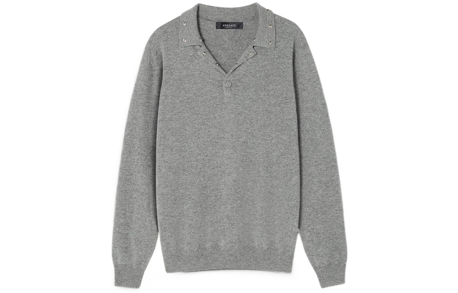 VERSACE  Grey Knit Cashmere Sweater with Solid Color Studded Design 1007986-1A05525-1E100