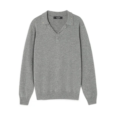 VERSACE Grey Knit Cashmere Sweater with Solid Color Studded Design 1007986-1A05525-1E100