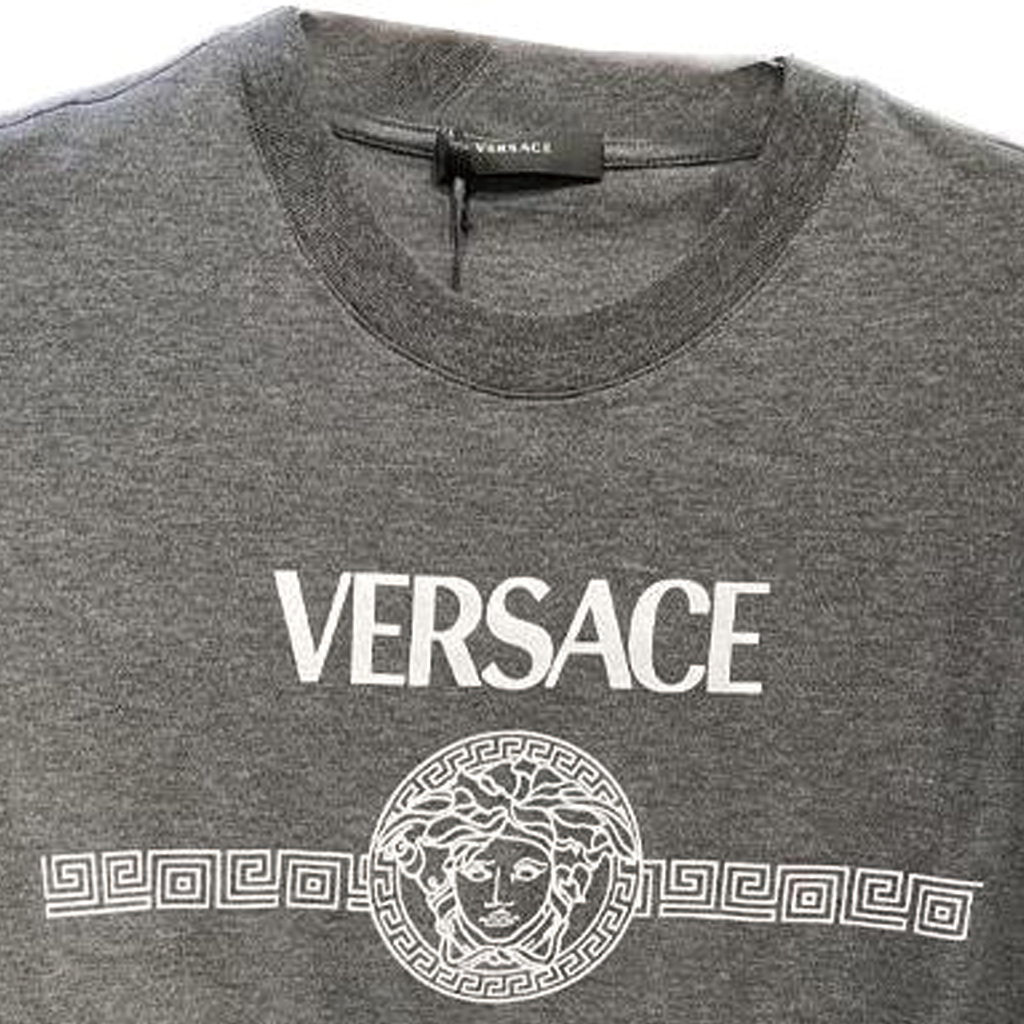 Shop VERSACE  Grey Logo Print Crewneck T-Shirt. 1012415-1A10745-2EI20