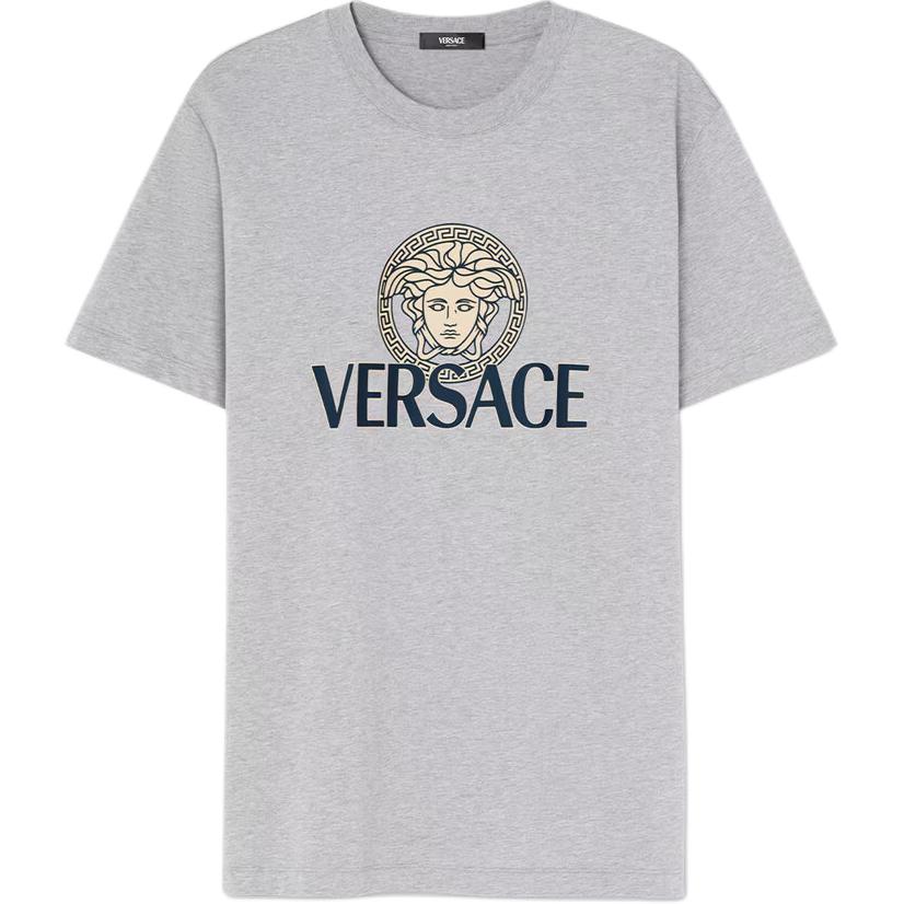 Order Camiseta de cuello redondo con estampado del logo de Versace en gris. 1014226-1A10088-1E090