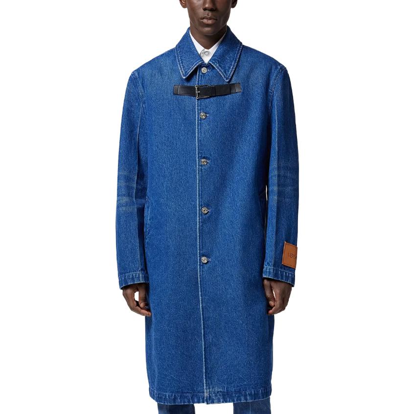 Shop VERSACE 藍色丹寧長外套 單排扣休閒外套 1010997-1A07987-1D520