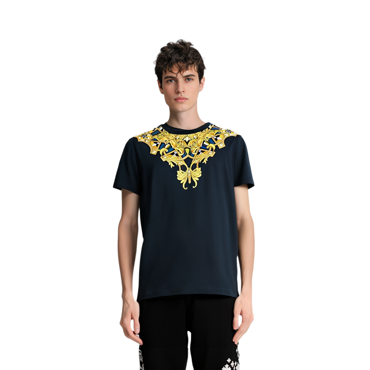 Shop ヴェルサーチ ネイビーブルー ロゴプリント クルーネックTシャツ V800683-VJ00236-V7023