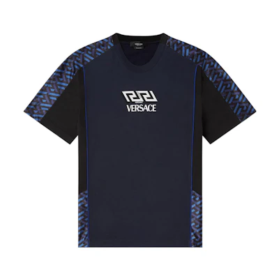 VERSACE Navy Blue Logo Print Graphic Short Sleeve T-Shirt. 1001806-1A01452-1U610