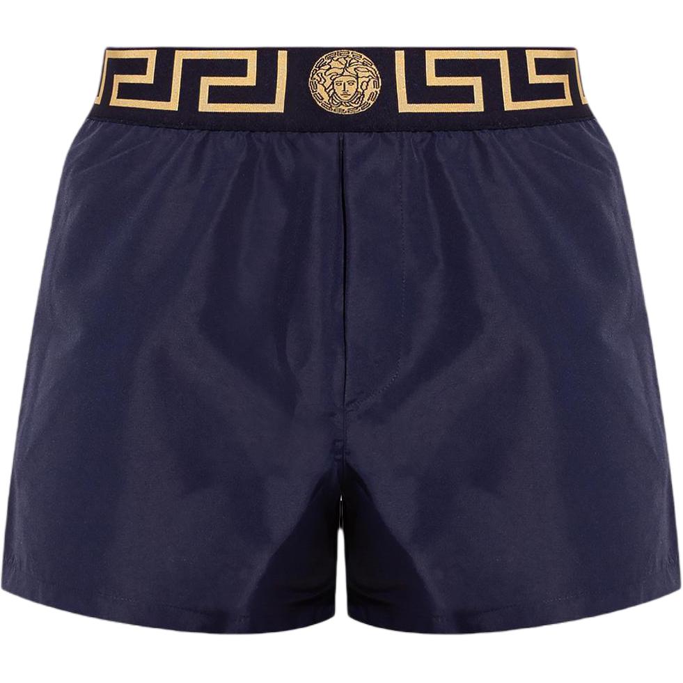 VERSACE  Navy Blue Low-Rise Loose Swim Trunks with Letter Print Design ABU01022-A232415-A70W0