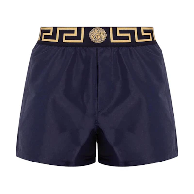 VERSACE Navy Blue Low-Rise Loose Swim Trunks with Letter Print Design ABU01022-A232415-A70W0