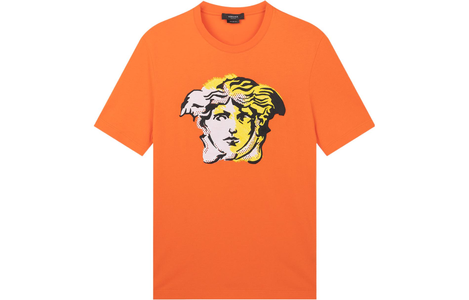 VERSACE  Orange Crewneck T-Shirt with Embroidery and Rhinestone Design A87376-A228806-A1202