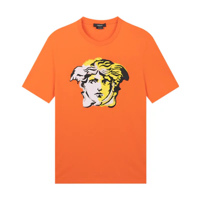 VERSACE Orange Crewneck T-Shirt with Embroidery and Rhinestone Design A87376-A228806-A1202