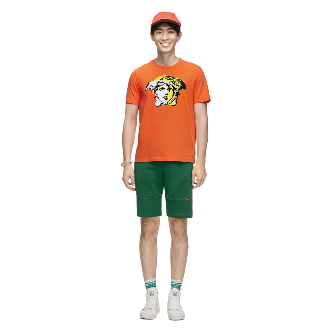 Shop ヴェルサーチ オレンジ クルーネックTシャツ 刺繍＆ラインストーンデザイン A87376-A228806-A1202