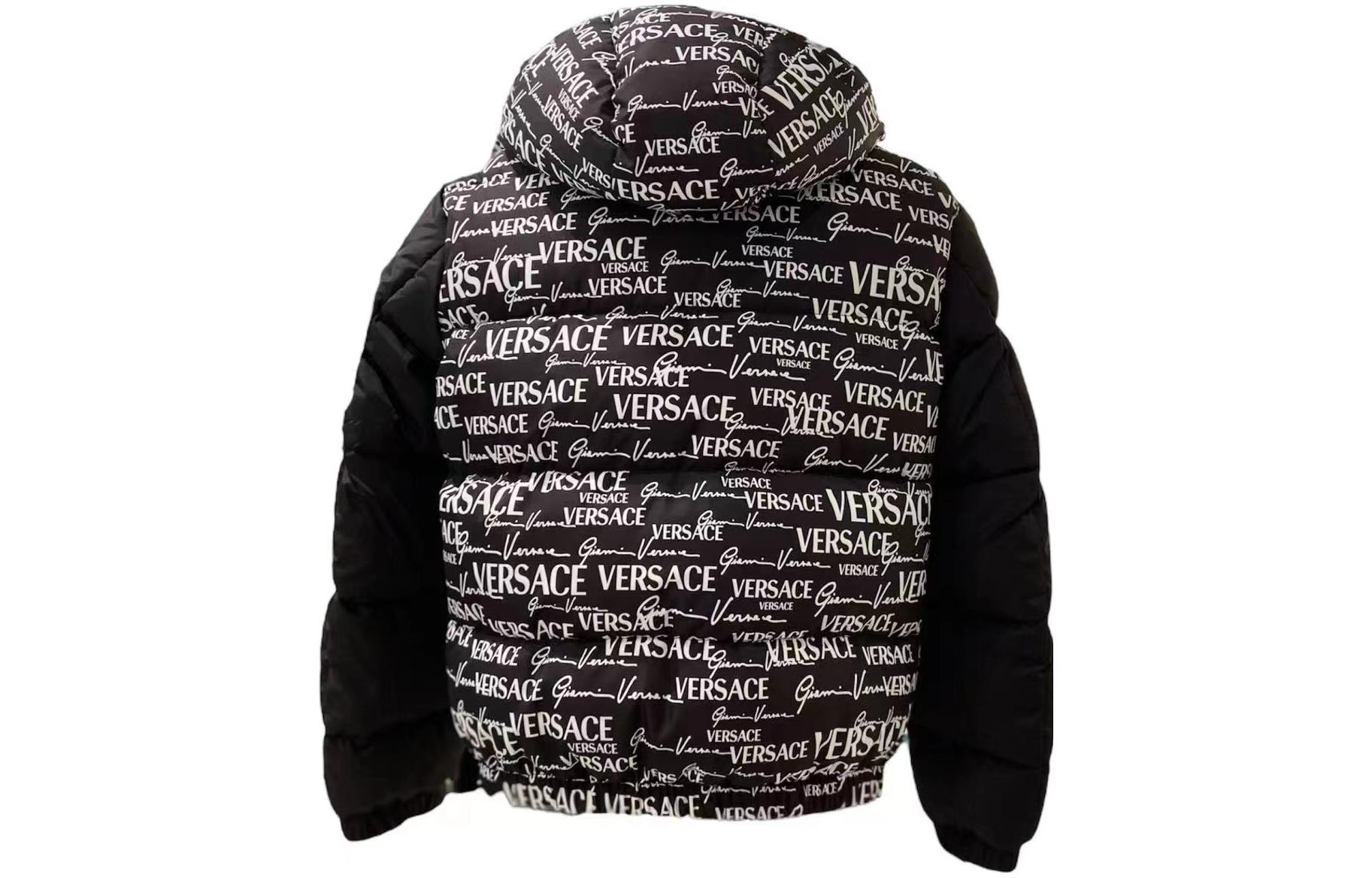 Shop VERSACE  Reversible Letter Print Hooded Down Jacket - Black. 1002751-1A02301-5B040