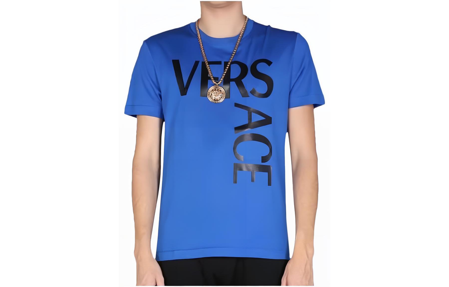 VERSACE  Solid Blue Crewneck T-Shirt with Logo Design. 10012881-A009221-U820