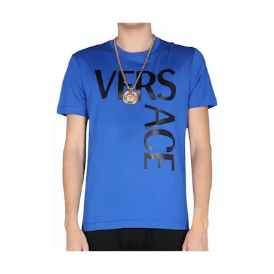 VERSACE Solid Blue Crewneck T-Shirt with Logo Design. 10012881-A009221-U820
