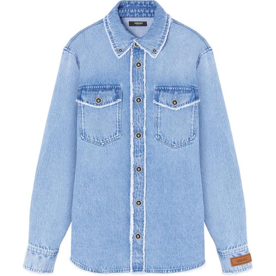 VERSACE  Solid Logo Patch Denim Long Sleeve Shirt Light Blue SS24 1016108-1A11281-1D380