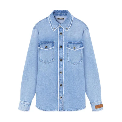VERSACE Solid Logo Patch Denim Long Sleeve Shirt Light Blue SS24 1016108-1A11281-1D380