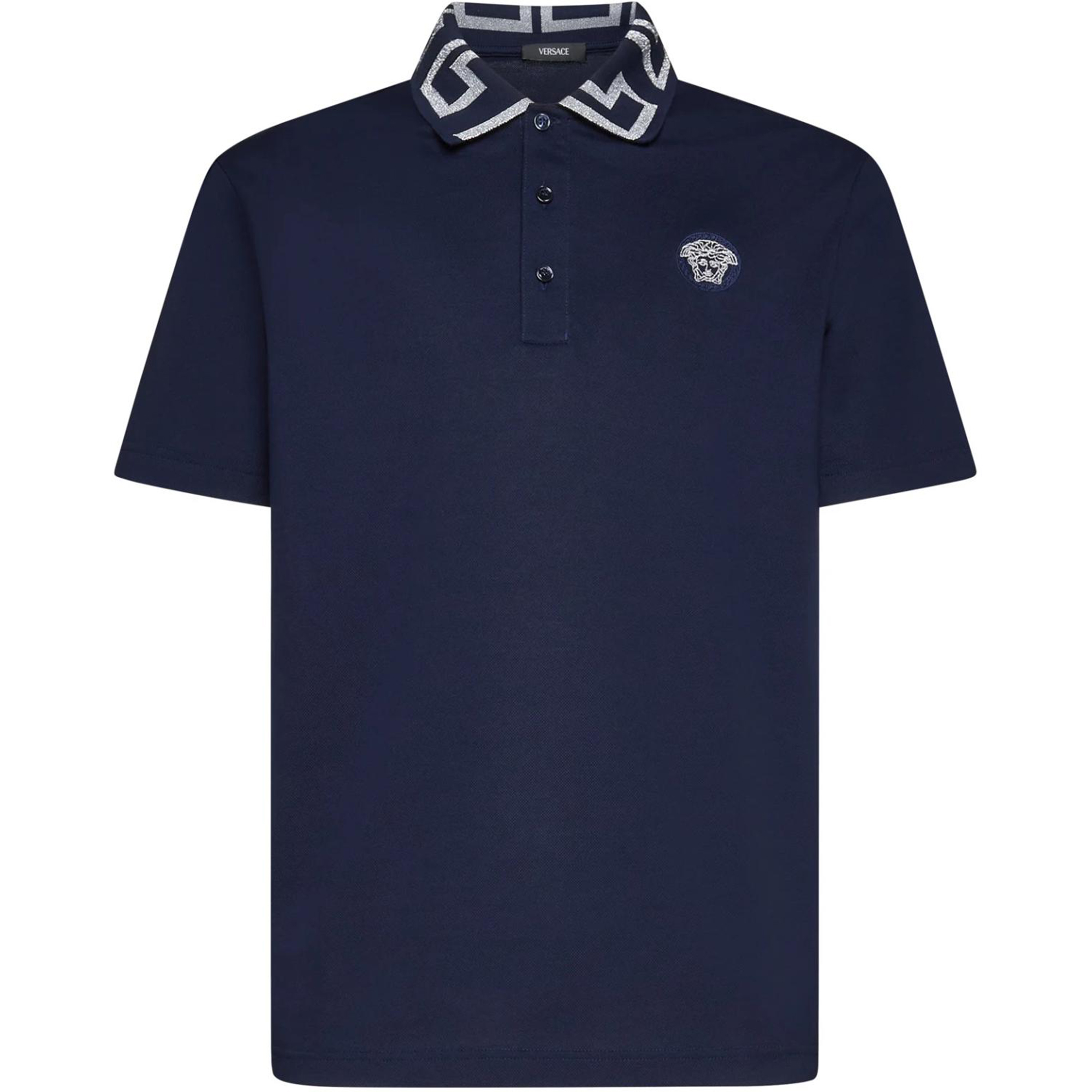 VERSACE  Solid Navy Blue Slim Fit Polo Shirt Short Sleeve Pullover A87402-1A01552-1UI20