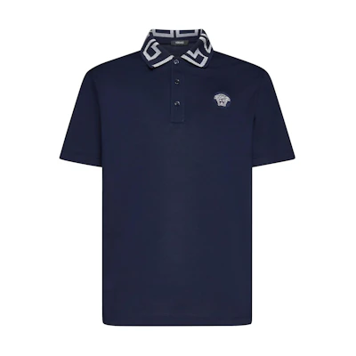VERSACE Solid Navy Blue Slim Fit Polo Shirt Short Sleeve Pullover A87402-1A01552-1UI20