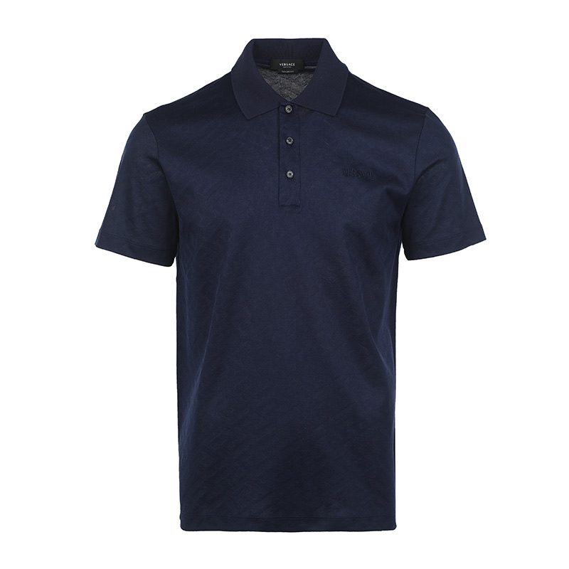 Versace  SS23 Embossed Geometric Pattern Polo Shirt Dark Blue. 1008500-1A06077-1UE40