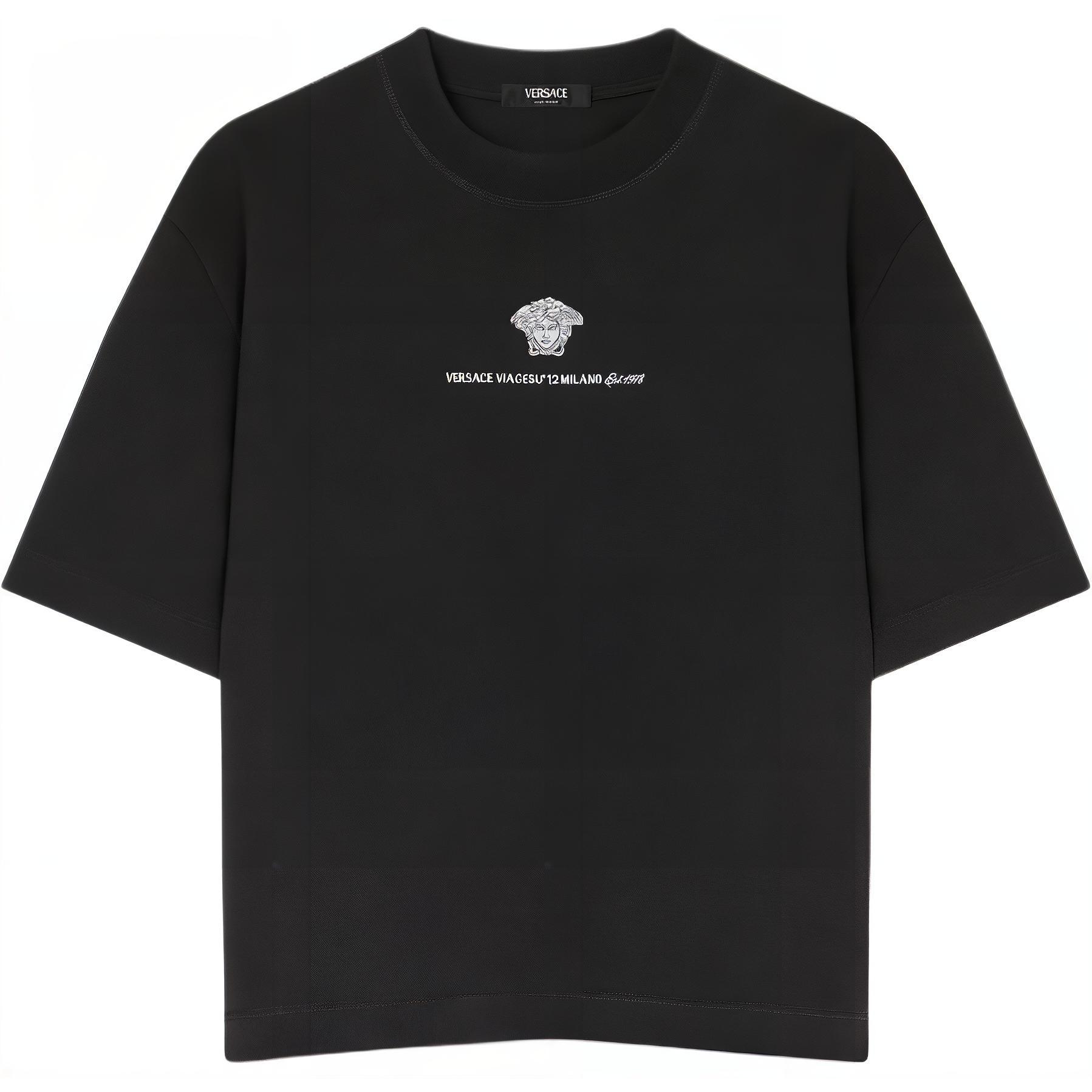VERSACE  SS24 Black Crewneck T-Shirt with Embroidered Logo. 1015738-1A11054-1B000