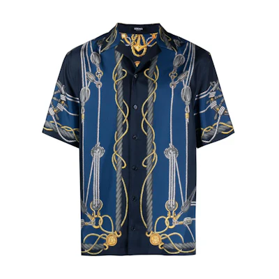 VERSACE SS24 Nautical Print Short-Sleeve Cuban Collar Shirt Blue 1003926-1A09762-5U170