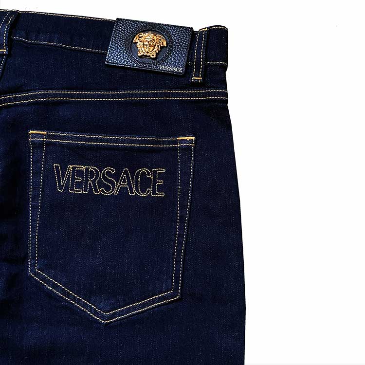 Shop VERSACE  Straight-Leg Mid-Rise Embroidered Logo Jeans Deep Blue 1011841-A232560-1D060