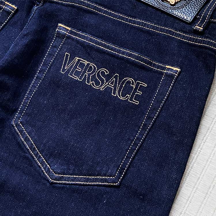 Purchase VERSACE  Straight-Leg Mid-Rise Embroidered Logo Jeans Deep Blue 1011841-A232560-1D060