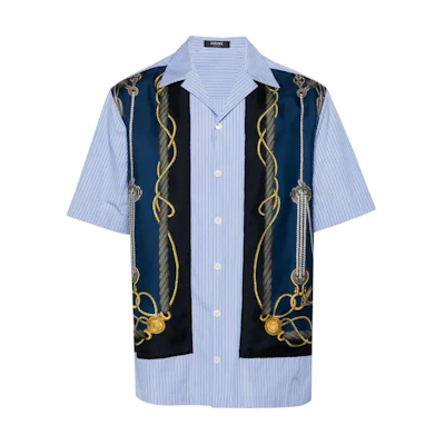 VERSACE Striped Print Cuban Collar Short-Sleeve Shirt Blue - SS24 Collection. 1013292-1A09760-5U170