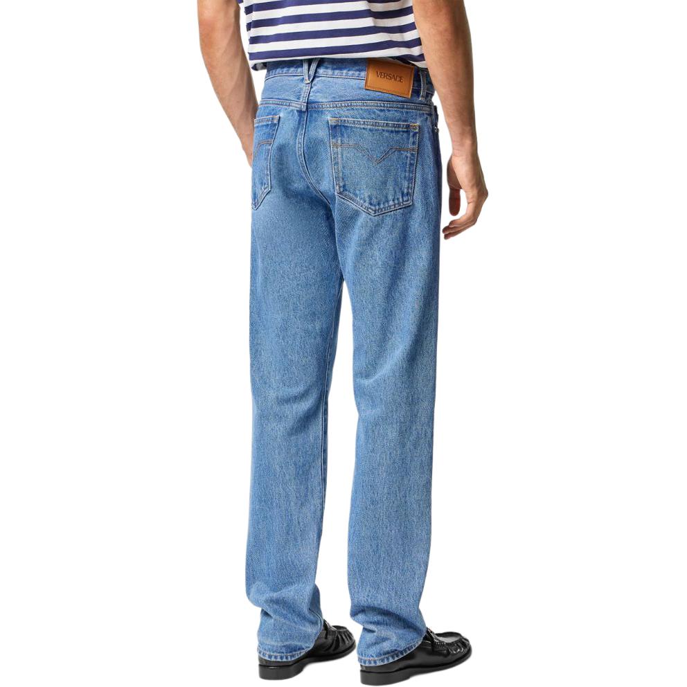 Shop VERSACE  Washed Straight-Leg Jeans FW23 Light Blue Casual Denim Pants 1010816-1A04165-1D360