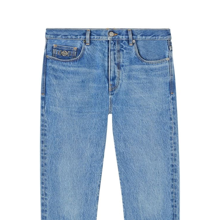 Sizing VERSACE  Washed Straight-Leg Jeans FW23 Light Blue Casual Denim Pants 1010816-1A04165-1D360
