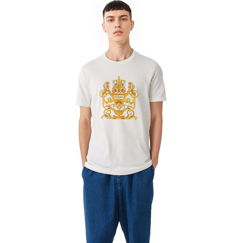 Shop VERSACE  White Cotton Graphic Print Crewneck T-Shirt 1006430-1A04137-1W010