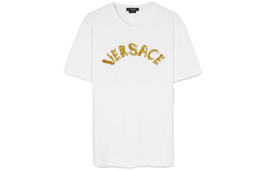 VERSACE  White Crew Neck Letter Print Short Sleeve T-Shirt 1010641-1A07700-1W000
