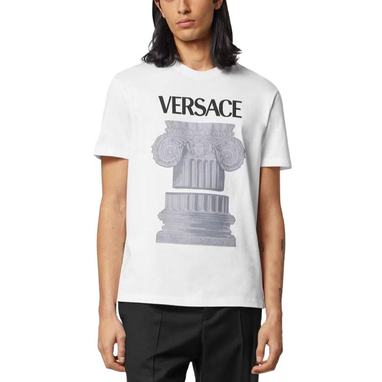 Shop VERSACE 白色字母建築印花圓領T恤 1010229-1A07449-1W000