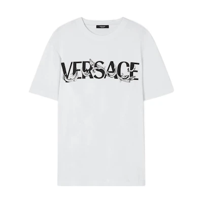 VERSACE White Logo Print Casual Crew Neck Short Sleeve T-Shirt 1006974-1A04949-1W010