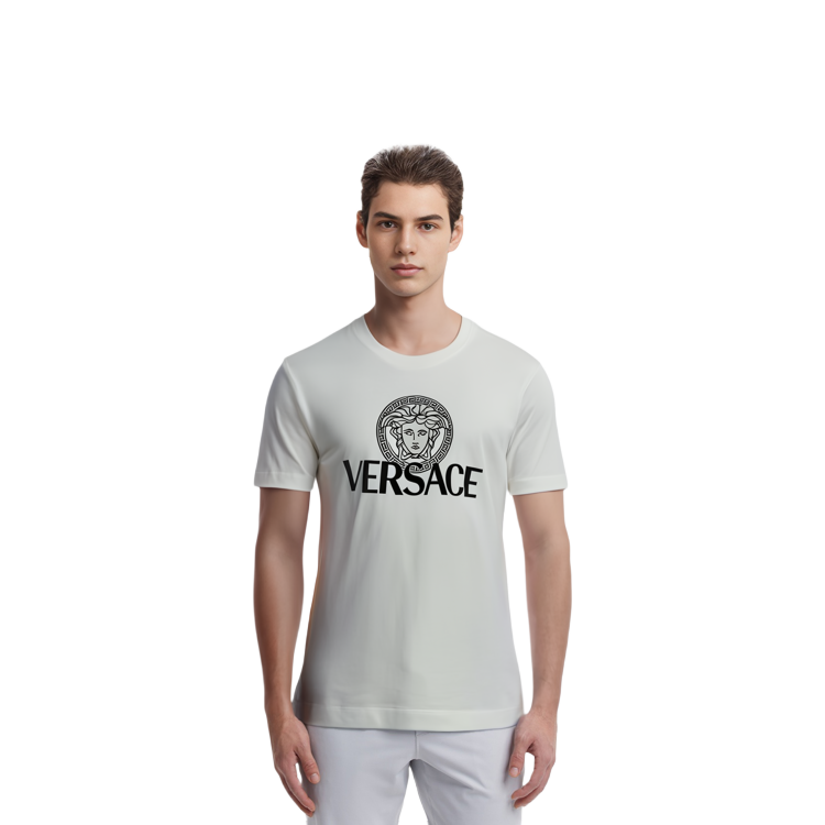 Shop VERSACE  White Logo Print Crew Neck T-Shirt 1014226-1A10088-1W000