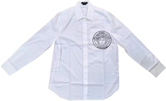 VERSACE White Long-Sleeve Shirt with Logo Print and Single-Breasted Design A87415-A232105-A1001 VERSACE White Long-Sleeve Shirt with Logo Print and Single-Breasted Design A87415-A232105-A1001