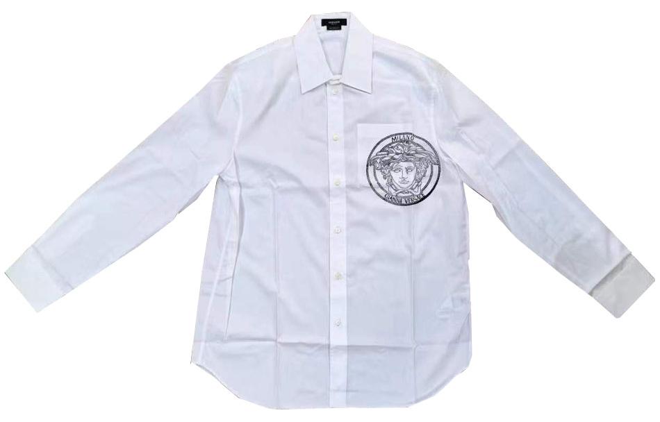 Order VERSACE Baju Putih Lengan Panjang dengan Cetakan Logo dan Rekaan Single-Breasted A87415-A232105-A1001
