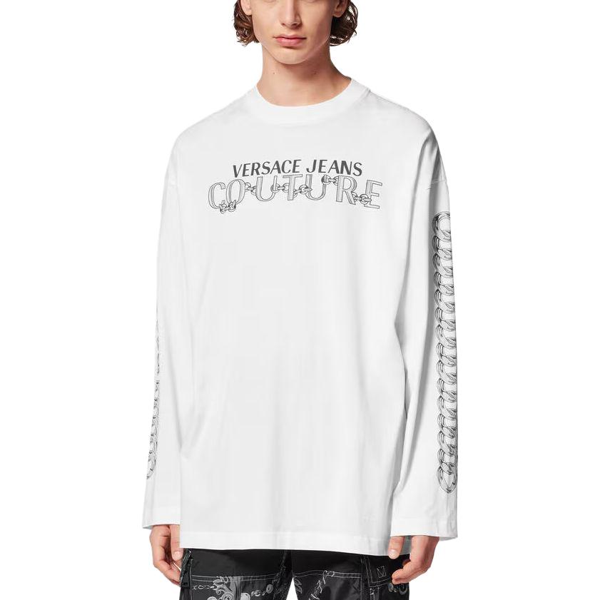 Shop VERSACE 白色長袖T恤 字母Logo印花設計。 E75GAHF03-ECJ00F-E003