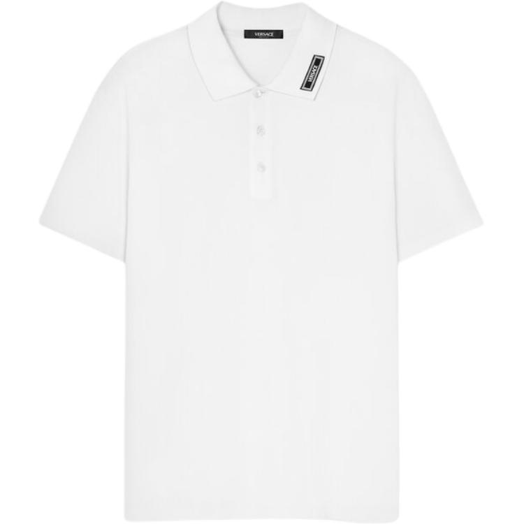 VERSACE  White Polo Shirt with Logo Lettering and Collar Design. 1013906-1A11276-1W010