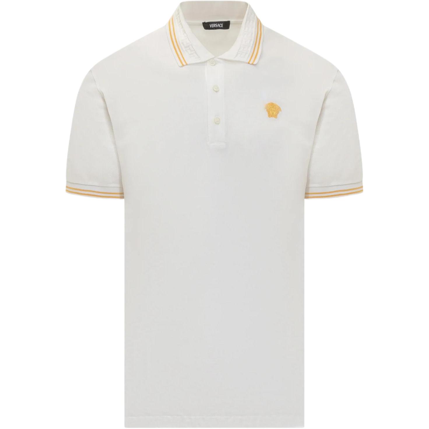 VERSACE  White Striped Point Collar Slim Fit Short Sleeve Polo Shirt 1013910-1A09860-1W000