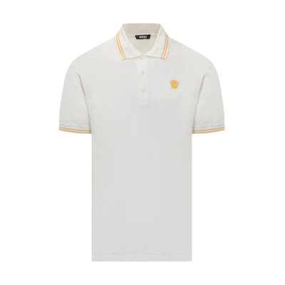VERSACE White Striped Point Collar Slim Fit Short Sleeve Polo Shirt 1013910-1A09860-1W000