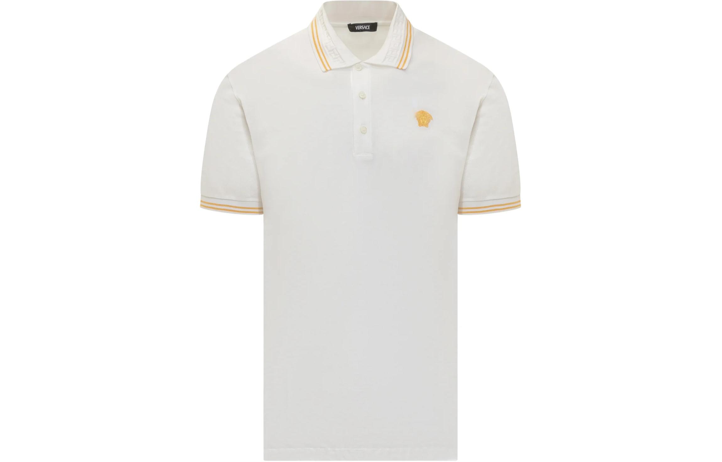 VERSACE  White Striped Point Collar Slim Fit Short Sleeve Polo Shirt 1013910-1A09860-1W000 圖 2
