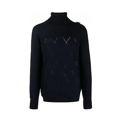 VERSACE Wool Diamond Knit Turtleneck Sweater in Dark Blue SS22 V700873-VK00351-V1391
