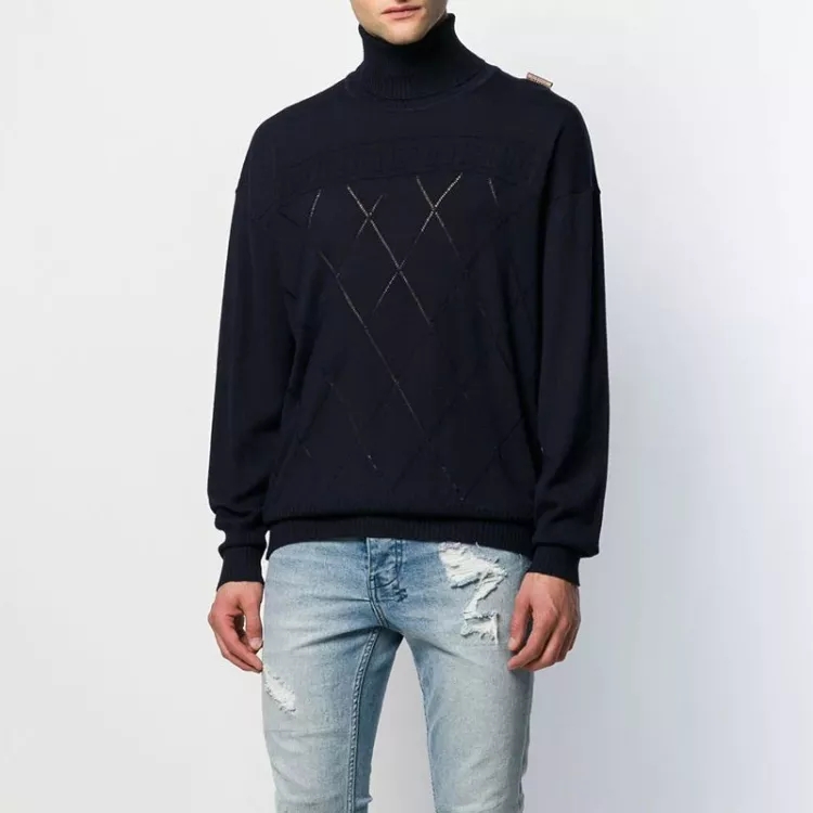 VERSACE  Wool Diamond Knit Turtleneck Sweater in Dark Blue SS22 V700873-VK00351-V1391 圖 3