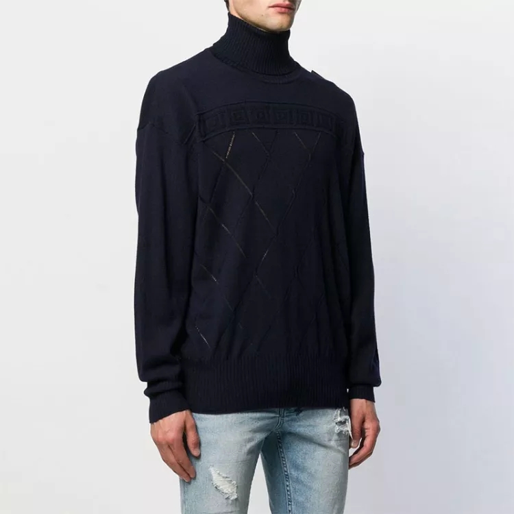 VERSACE  Wool Diamond Knit Turtleneck Sweater in Dark Blue SS22 V700873-VK00351-V1391 圖 5