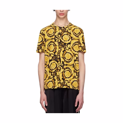 VERSACE Yellow Logo Print Crewneck Loose Fit Short Sleeve T-Shirt. 1000959-1A11188-5B010