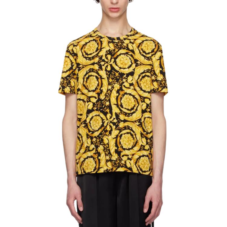 Order VERSACE  Yellow Logo Print Crewneck Loose Fit Short Sleeve T-Shirt. 1000959-1A11188-5B010