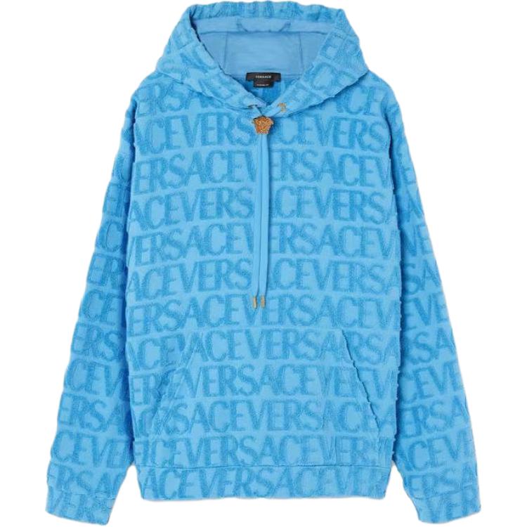 Versace Allover Letter Print Drawstring Hoodie Blue - 1010658-1A07718-1VA90