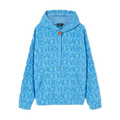 Versace Allover Letter Print Drawstring Hoodie Blue - 1010658-1A07718-1VA90