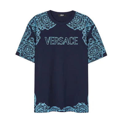 VERSACE Baroque Print Blue Crew Neck Short Sleeve T-Shirt for Men. 1013302-1A09868-2UO70