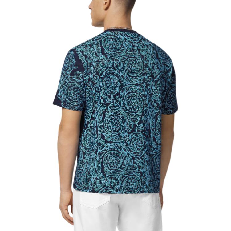 Purchase ヴェルサーチ バロック柄 ブルー クルーネック メンズ半袖Tシャツ 1013302-1A09868-2UO70