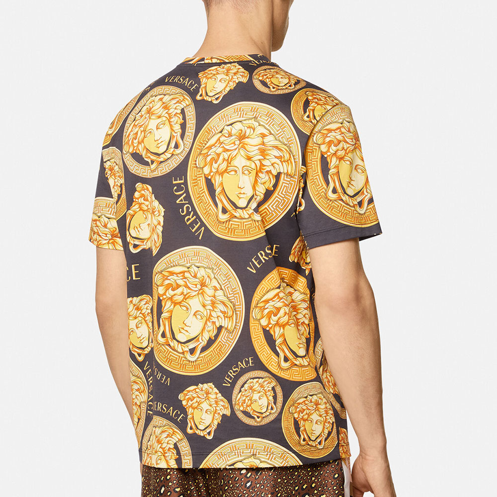 Shop VERSACE Baroque Print SS21 T-Shirt Gold A76113-1F00641-5B000